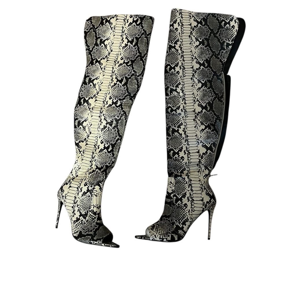 Cape Robbin Black & Cream Snake-Print Over-the-Knee Peep Toe Stiletto Boots